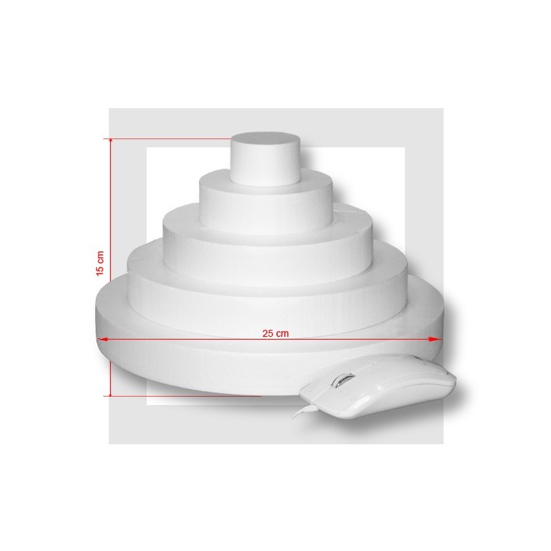 Pièce montée Haut. 25 cm en polystyrène, Base Ø 25cm à 5cm, 5 disques de 5cm