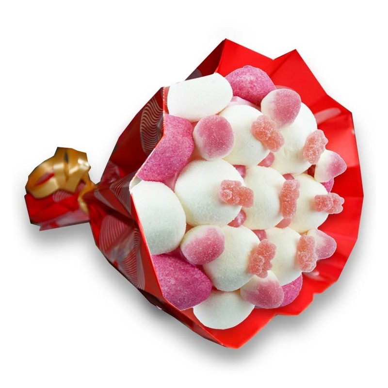 Bouquet de bonbons "JE T'AIME"-Emb cello+papier cadeau rouge