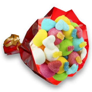 Bouquet de bonbons "TE QUIERO"-emballage cello+ papier cadeau rouge